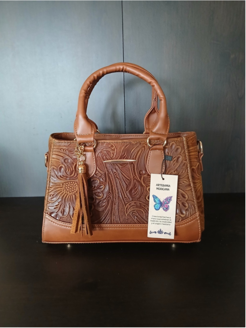 Brown Tasseled Floral Embossed Tooled Artisan LEATHER Crossbody bag Purse - Picture 4 of 16